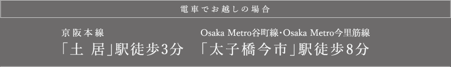 電車でお越しの場合「太子橋今市」駅徒歩8分Osaka Metro谷町線・Osaka Metro今里筋線「土 居」駅徒歩3分京阪本線