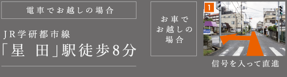 お車でお越しの場合　信号を入って直進　電車でお越しの場合「星 田」駅徒歩8分JR学研都市線